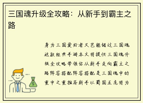 三国魂升级全攻略：从新手到霸主之路